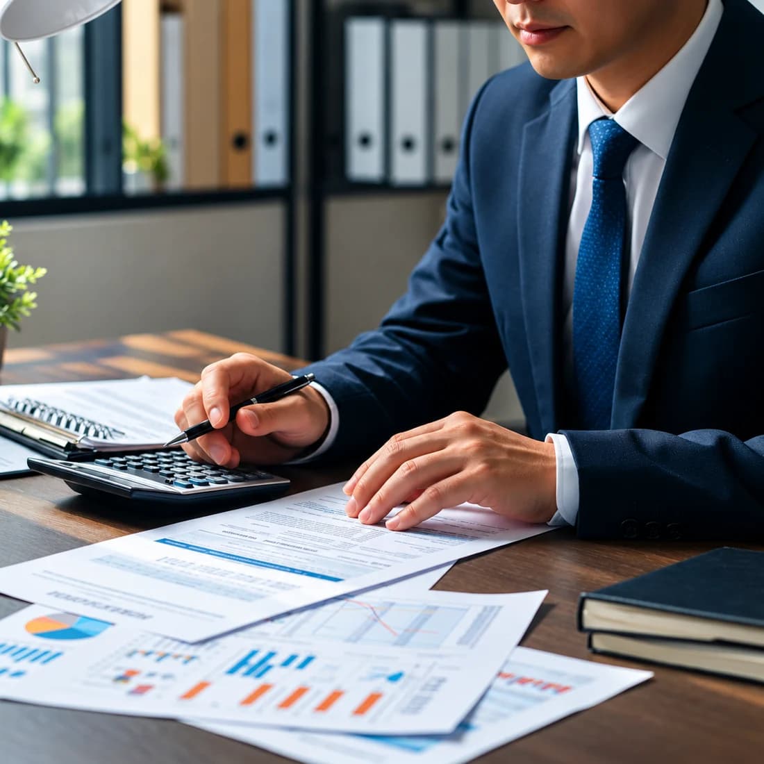 Tax preparation artwork showing an accountant reviewing documents at a desk